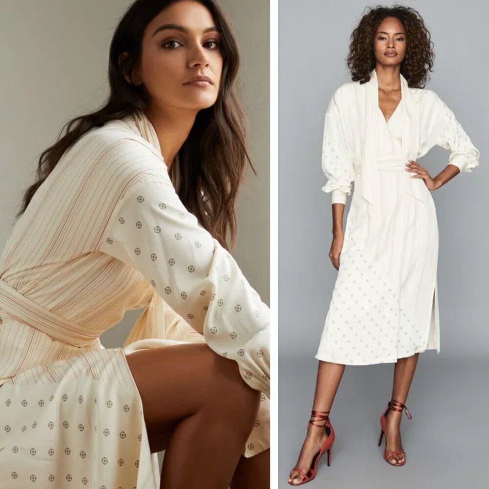 Reiss Cream Wrap Midi Dress with Bishop Sleeves